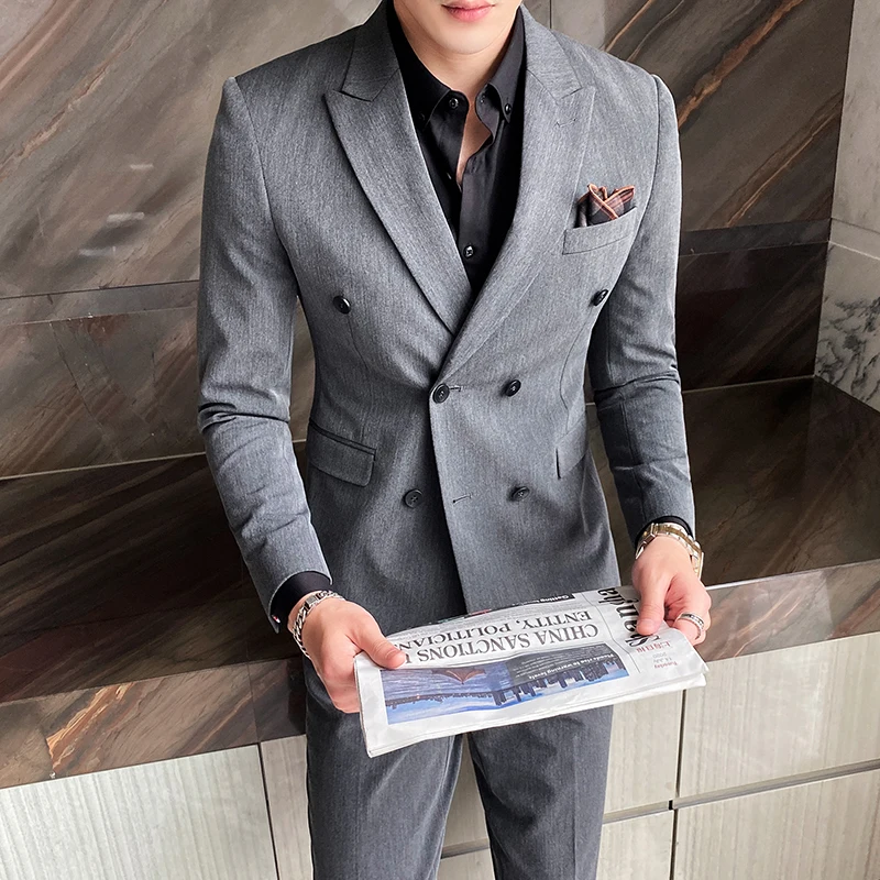 

High-quality Suits Men's Slim-fit Striped Casual Business Work Formal Suit Double-breasted Two-piece Suit Ensemble Costume Homme