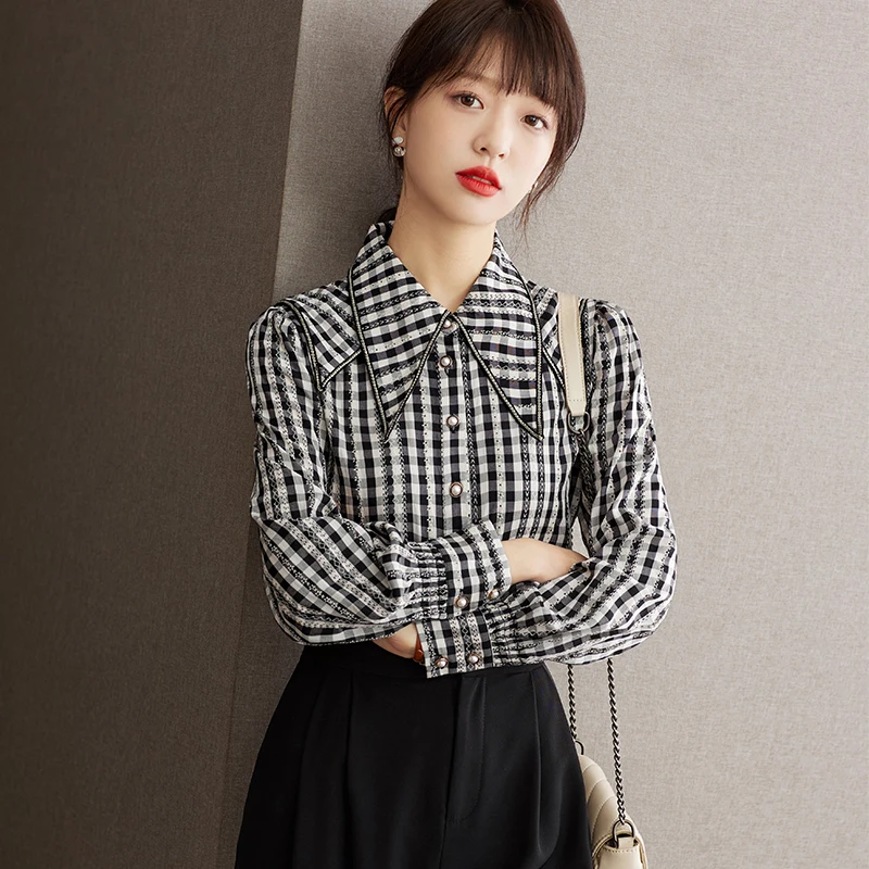 

Black and White Plaid Pointed Collar Long Sleeve Women Shirt Button Blouse Spring Autumn Elegant Fashion Loose Tops Lady D2176