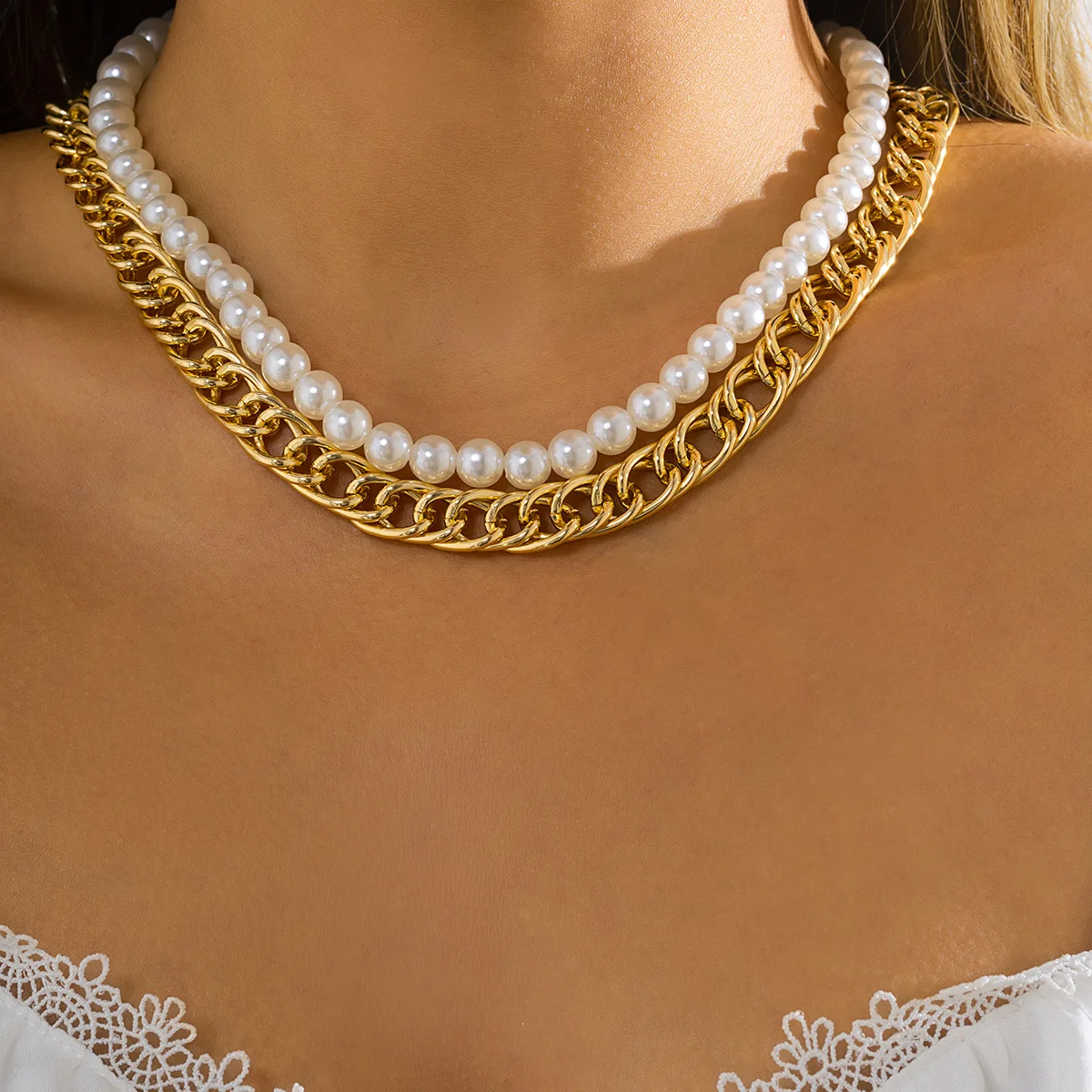 

Cross chain collarbone Necklace simple woven imitation pearl necklace