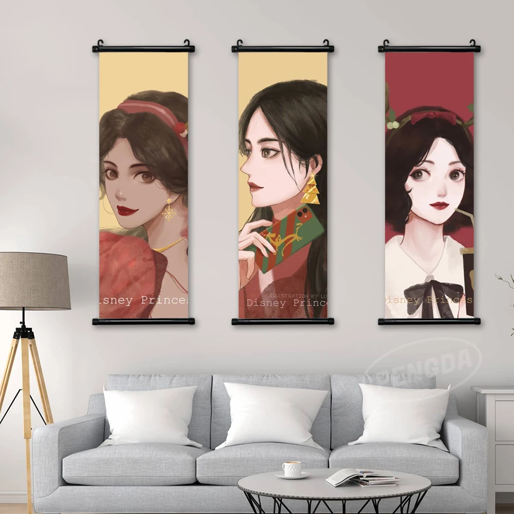 

Hang Painting Disney Princess Wall Artwork Snow White Picture Scroll Print Ariel Canvas Mulan Poster Home Decor For Living Room
