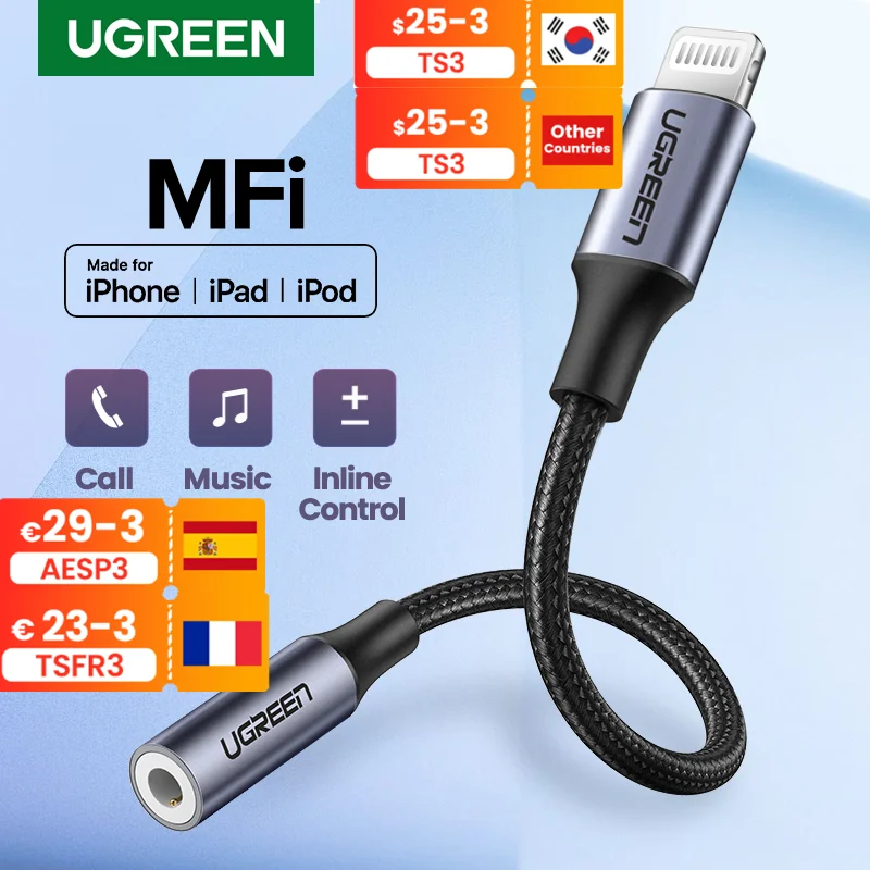

2022 UGREEN Lightning to 3.5mm Earbuds Jack Adapter Aux Cable for iPhone 12 Mini 11 Pro Max 8 7 Headphone Converter For