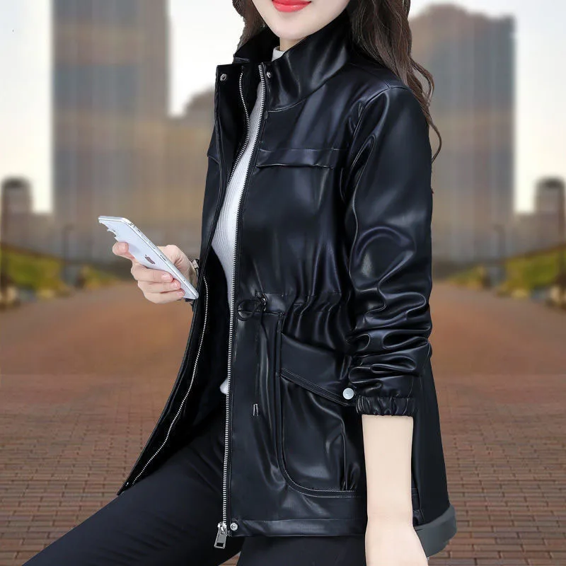 1pcs Women Long PU Leather Jackets Coat 2022 Autumn Faux Fur Zipper Splicing Bandage Stand Collar Ladies Skinny Locomotive Coats