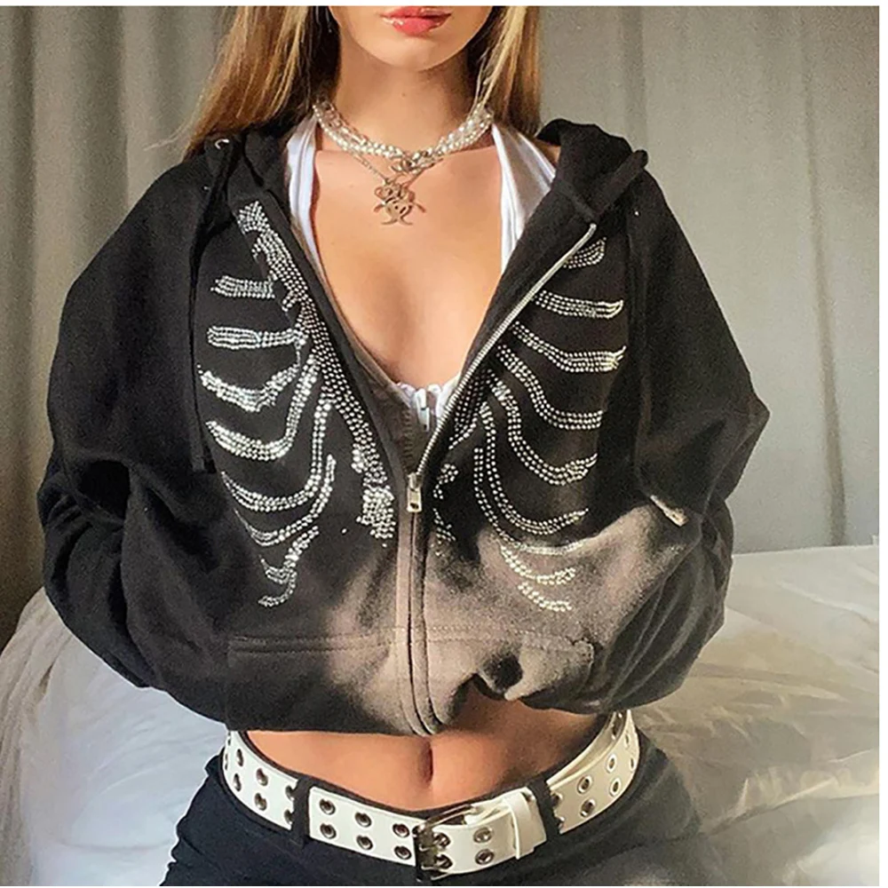 Gothic Rhinestone Skeleton Hoodies Women Zip Up Jackets Y2K Sweatshirts Harajuku Casual Coats Streetwear Female Retro Hooded