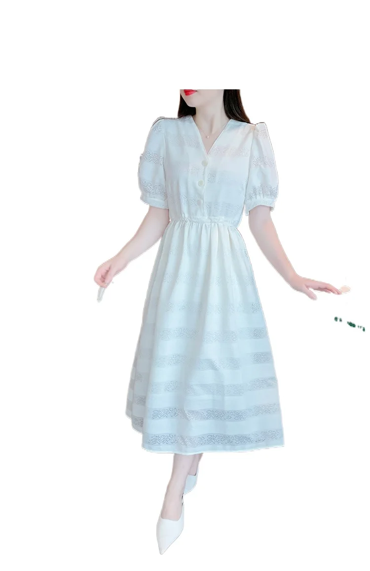 

New Fashion White Dresses Ladies 2023 Summer Gentle French V-Neck Cutout Breathable Bubble Sleeve Women's Clothing Long Dress