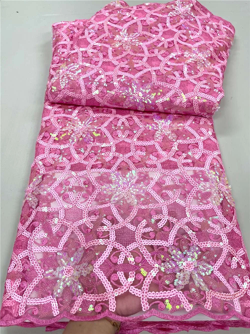 

Ulifelce Sequins French Lace Skin Net Fabric Embroidered African Net Tulle Mesh Garment Sewing Wedding Cloth 5 Yards F3811