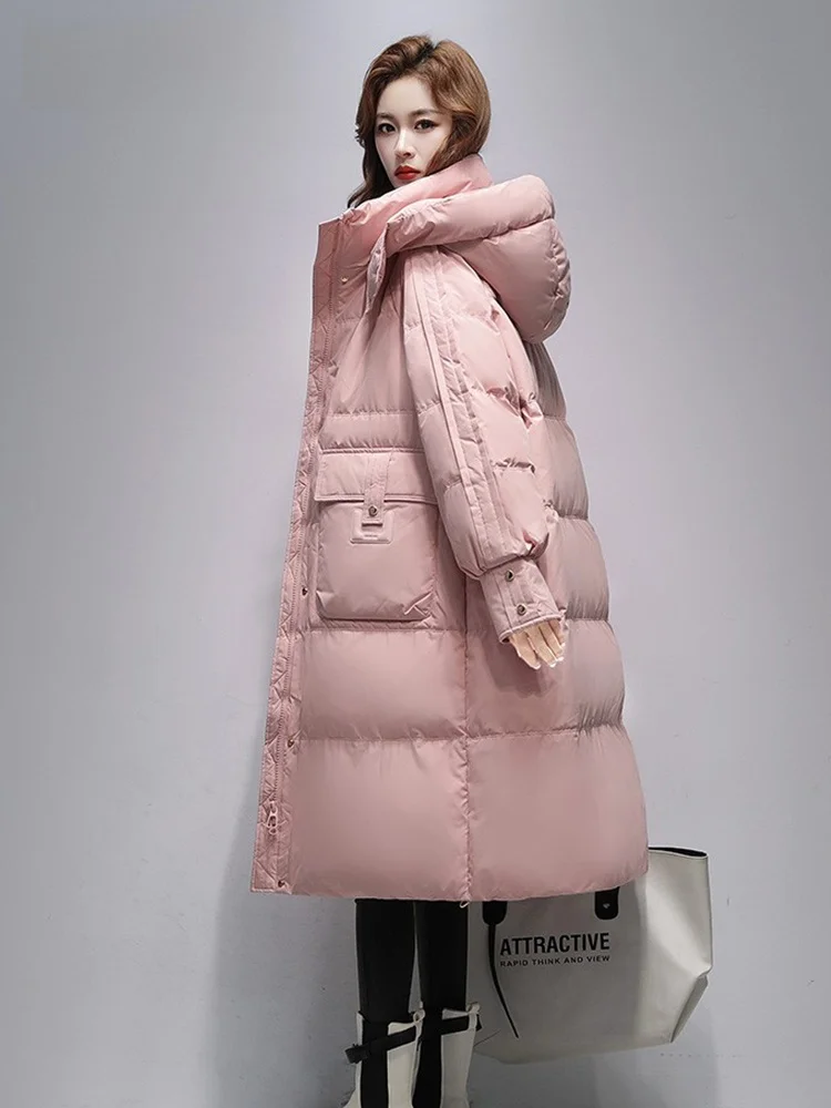 Черный пуховик Duck женский средней длины выше колена новинка 2024 зимняя брендовая