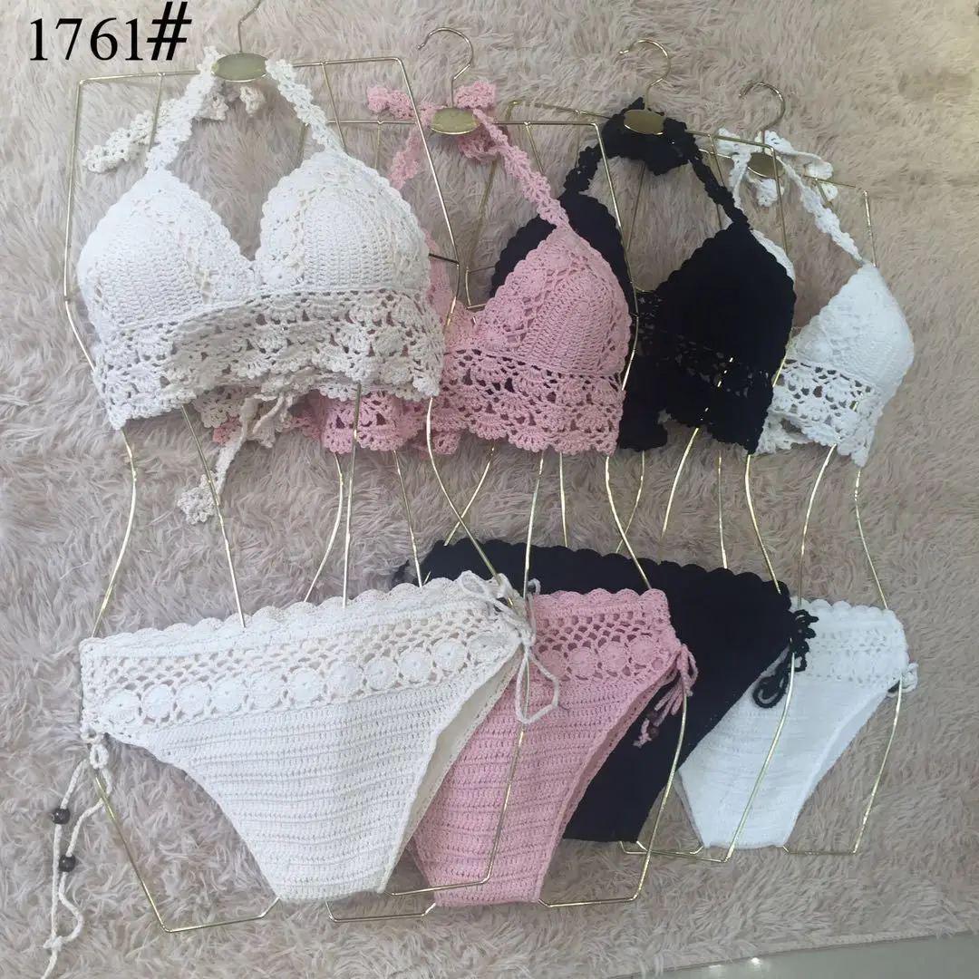 

Sexy Solid Color Hand Crochet Strap Split Knitted Swimwear Bathing Suit Woman 2022 Summer Fashion Beach White Pink Bikini бикини