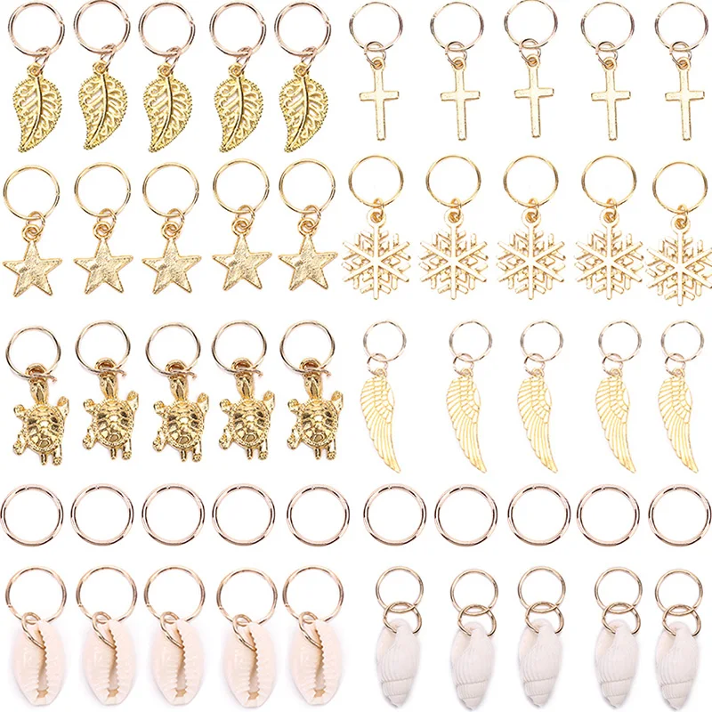 

50x Gold Shell Snowflake Pendant Rings Hair Clip Accessories for Braid Jewelry