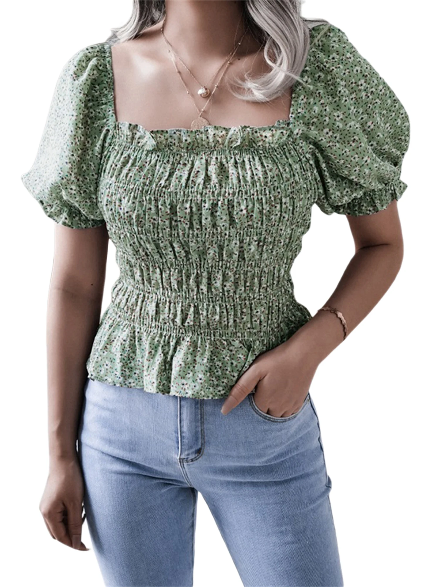 

Женские шифоновые футболки CHOSERL с оборками, повседневные летние топы с цветочным принтом, квадратным вырезом и коротким рукавом-фонариком, ...