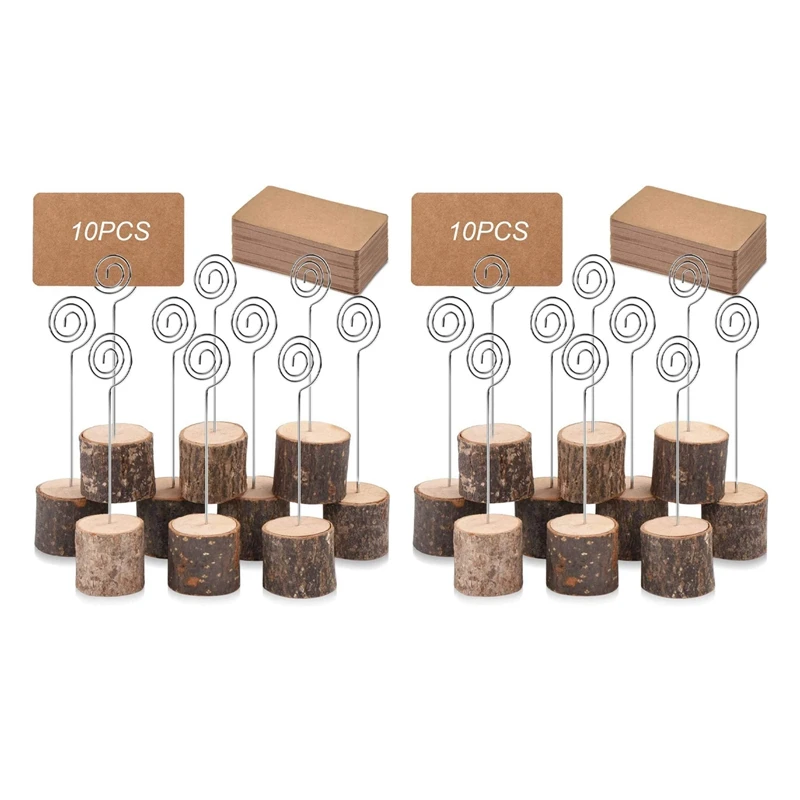 

60Pc Wood Place Card Holders With Swirl Wire Kraft Place Cards Rustic Wood Table Number Holders Stands Name Cards Holder