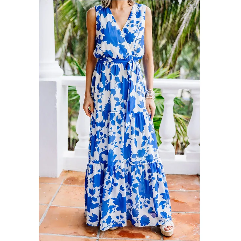 

2022 Summer V-Neck Sleeveless Beach Maxi Dress Elegant Women Floral Print Lace-up Long Dresses Vestido