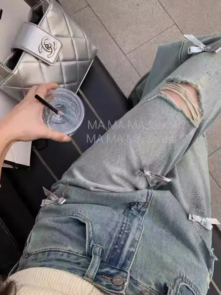 Американские винтажные прямые джинсы с высокой талией и бантом для женщин