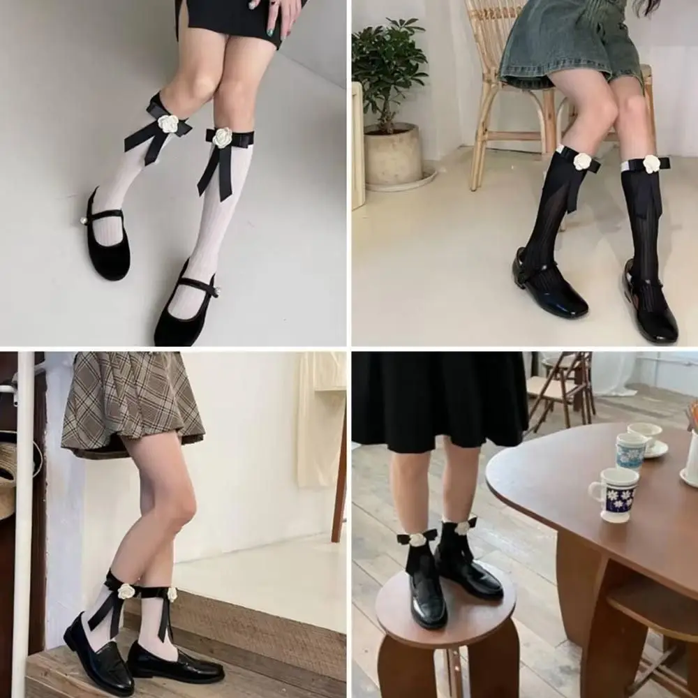 Ballet Style Camellia Flower Women Long Socks Summer Thin Breathable Black White Bow Silk Long Socks Fashion Stockings