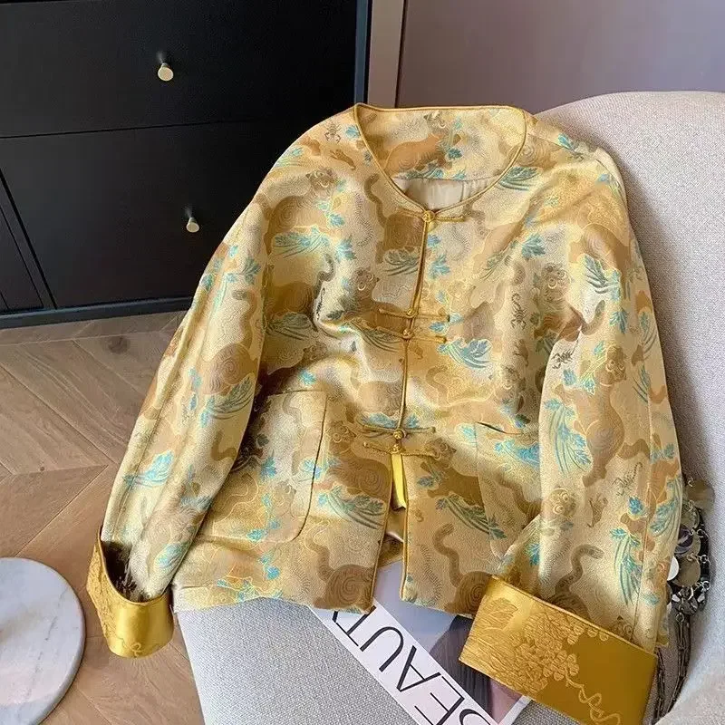 Желтый тигровый тотем жаккардовый костюм в китайском стиле топ куртки большого