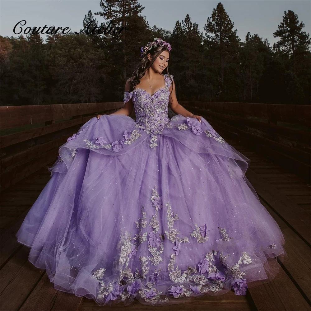 

Тюлевые блестящие фиолетовые платья для Quinceanera, бальное платье, платье на день рождения, платье на шнуровке для выпускного вечера, милое пла...