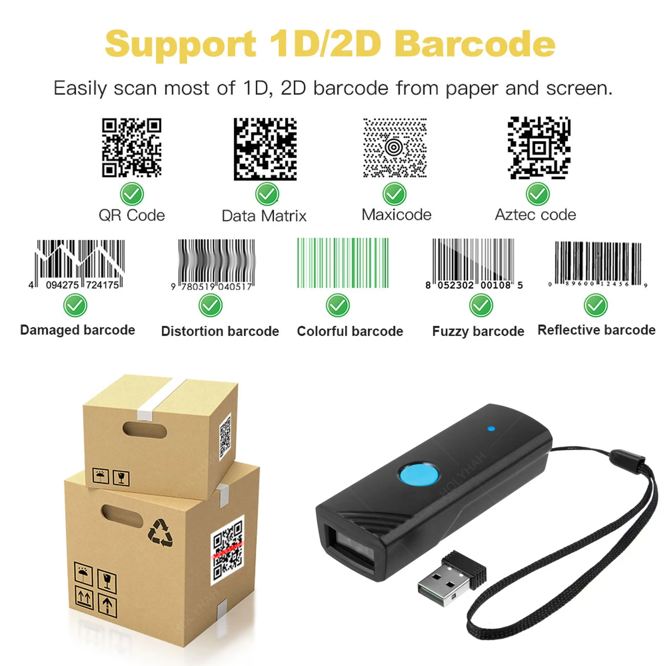 Фото Беспроводной портативный 2D сканер штрих-кодов M3D Mini Bluetooth для чтения 1D, QR, Data Matrix, PDF417 с функцией хранения данных №2