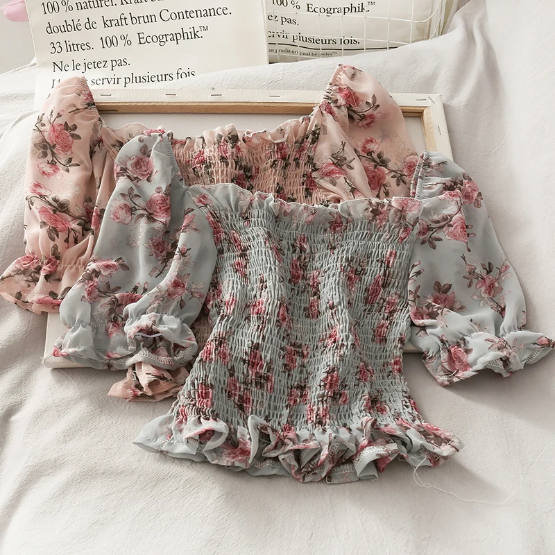 

Шикарные Модные женские милые плиссированные шифоновые рубашки Hikigawa для девочек с оборками и воротником-лодочкой летние приталенные Цветочные универсальные блузки женские топы