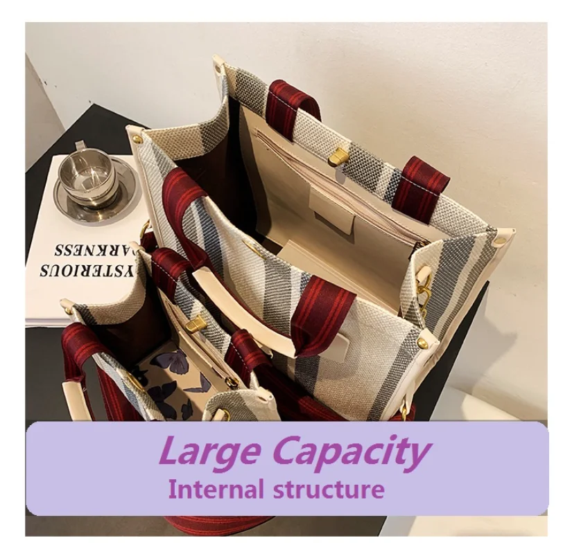 Luxury Designer Tote Bag Women's Large Capacity Shoulder Bag Messenger Bags Vintage Striped Female Bags Casual Canvas Handbags