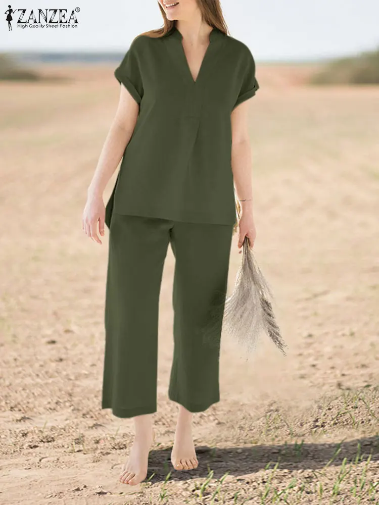 

ZANZEA 2pcs Women Summer Pant Sets Fashion V Neck Short Sleeve Blouse Suits Casual Matching Sets Solid Loose Tracksuit Outifits