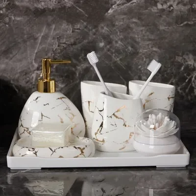 

6/7pcs set Gold marble ceramics Bathroom Accessories Set Soap Dispenser/Toothbrush Holder/Tumbler/Soap Dish Bathroom Products