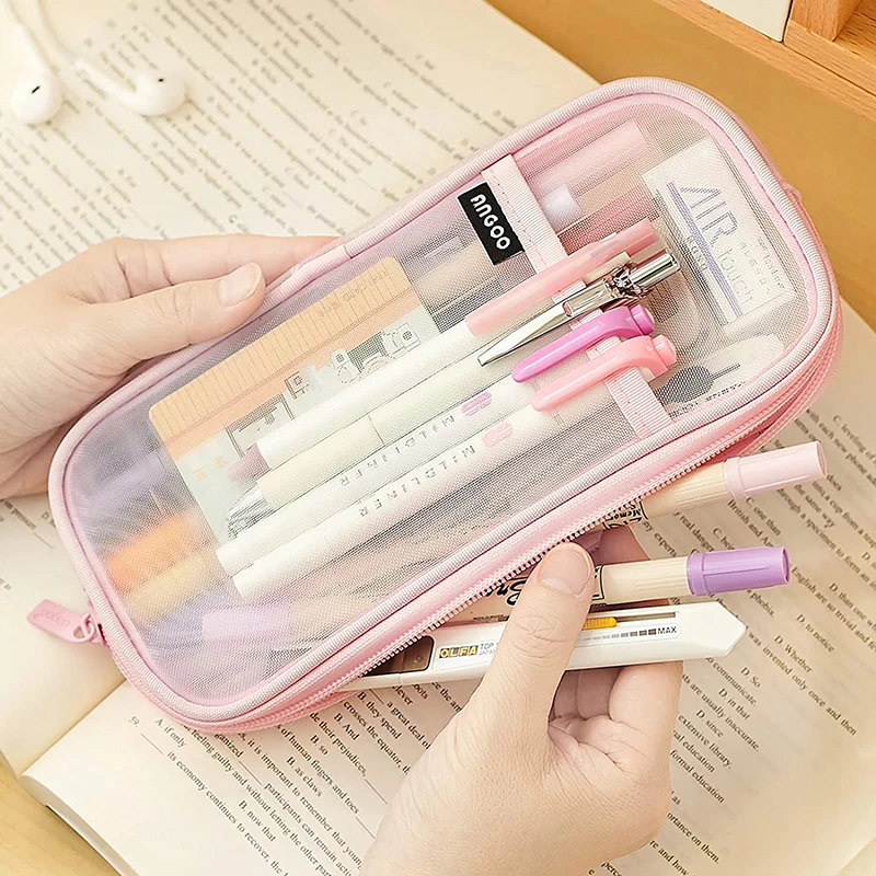 

1 PCS Creative Mesh Transparent Cute Square/Oval Portable Pen Pencil Pouch Bag School Office Supply Stationery Case New