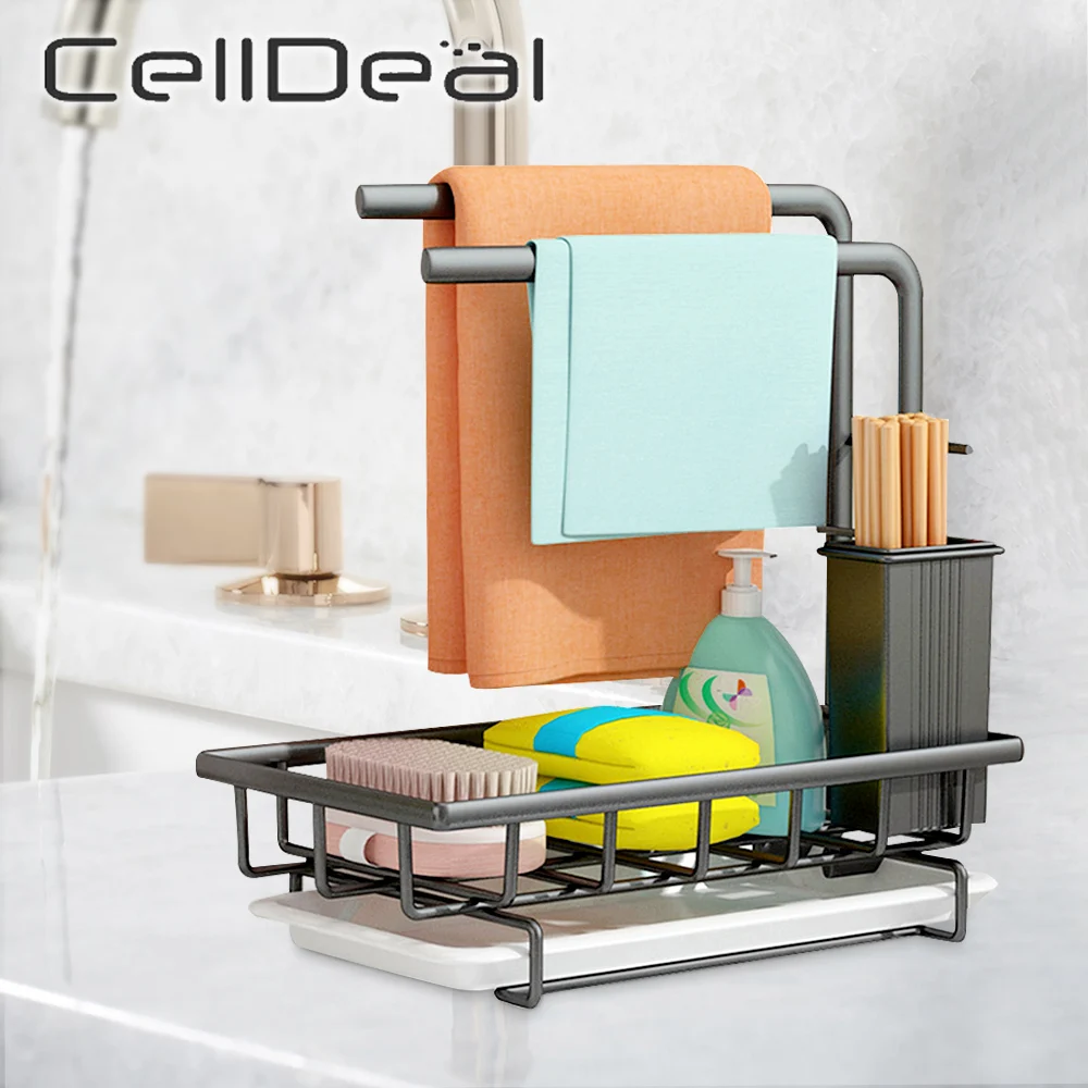 

Kitchen Organizer Rack Sponge Dish Drainer Countertop Brush Soap Holder Rag Draining Hanger Chopsticks Storage Box Home Supplies