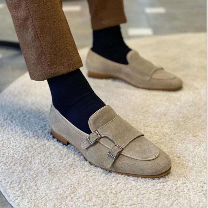 

Loafers Men Shoes Faux Suede Ankle Beige Classic Casual Wedding Party Double Buckle Fashion Dress Shoes Zapatillas Hombre KB417