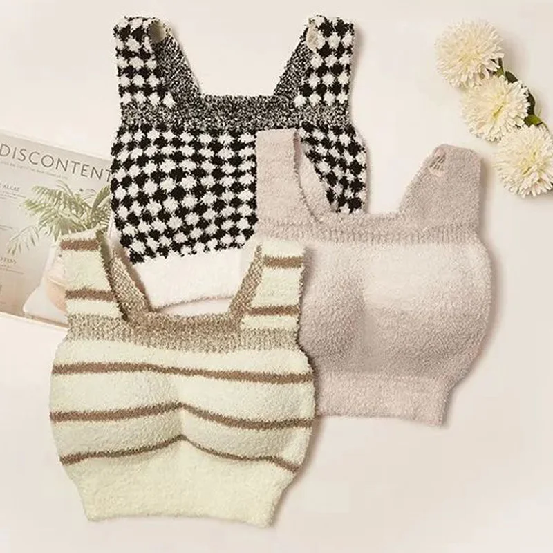 

Пикантный клетчатый плюшевый укороченный топ, женские укороченные майки из кораллового флиса, Клубная тёплая кофта с высокой подкладкой, цельные топы-трубы