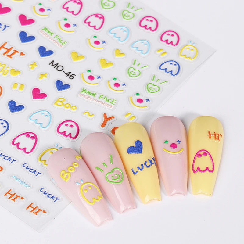 

Smile Stickers Heart Love Bear Nail Stickers Cute 5d Embossed Letter Rainbow Smile Decals Decoration Tips DIY Manicure