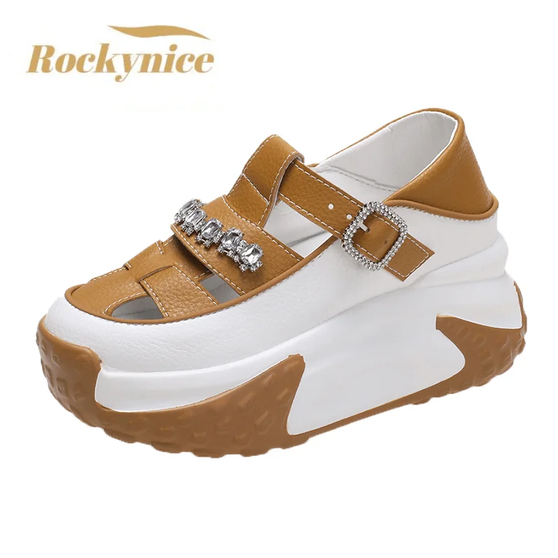 Women 7CM Leather Platform Sandals Wedge Hollow Female White Mules Shoes Casual Chunky Sneakers Woman Summer Rhinestone Slippers