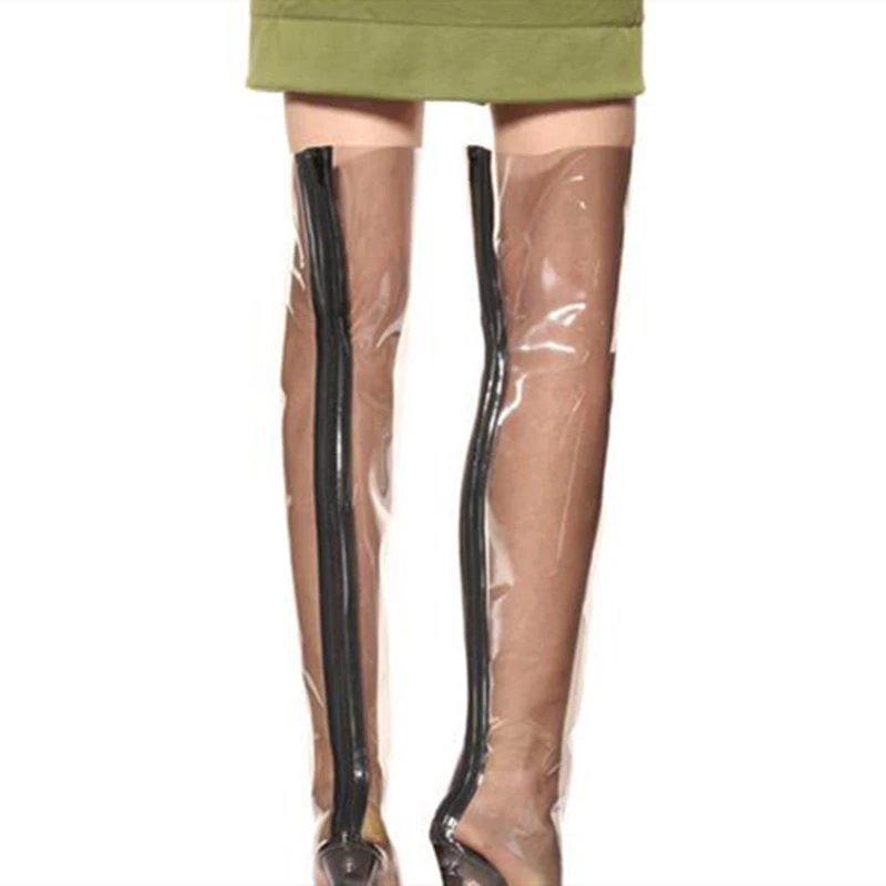 Женские сапоги прозрачные выше колена на высоком каблуке с острым носком молнии