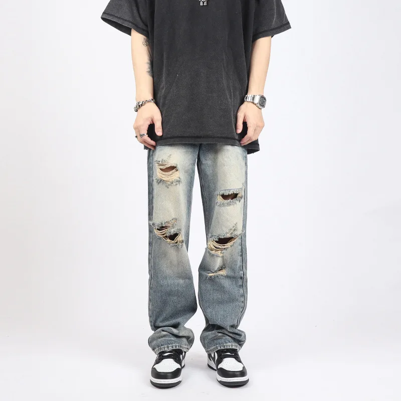 Streetwear Mens Jeans Straight Retro Loose Hole Fashion Full Length Trousers Ripped Jeans Pantalones Vaqueros Hombre