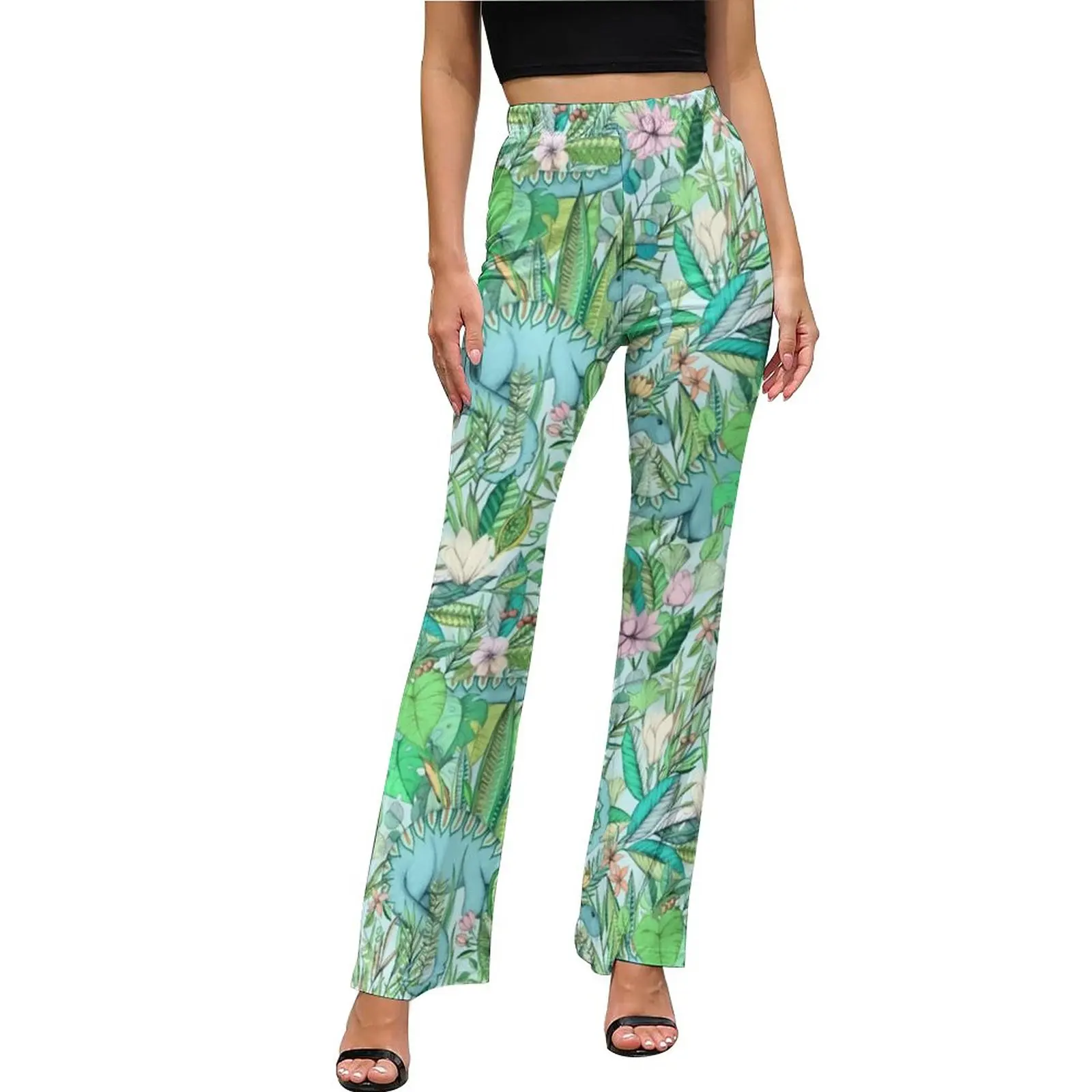 

Botanical With Dinosaurs Pants Dinosaur Quirky Soft Pastels Floral Elastic Waist Kawaii Flared Trousers Print Streetwear Pants