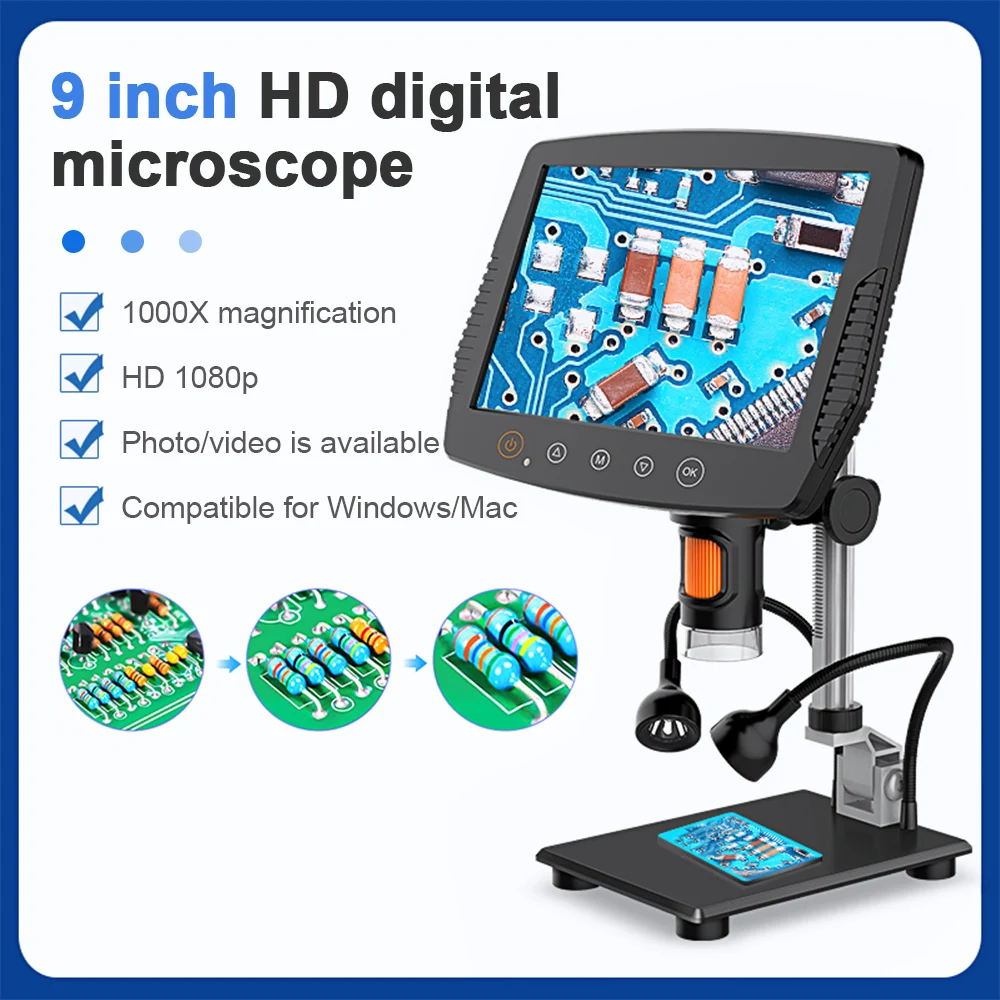 

HD 9 Inch 1000X Digital Microscope Adjustable LED Display 16MP Digital Microscope 1080P Scope Soldering Tool for PCB Soldering