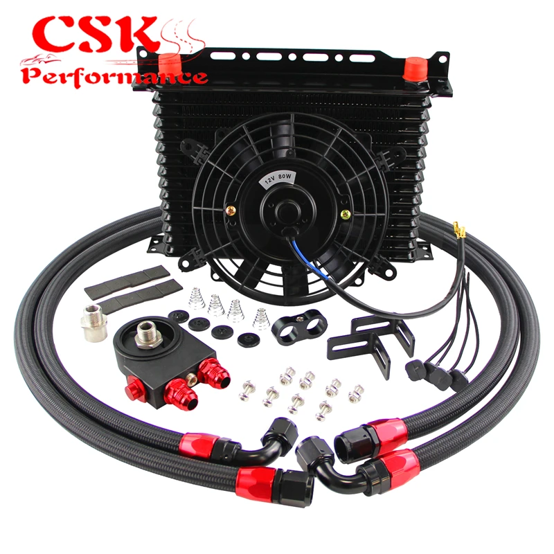 

Universal 15 ROW 10AN Oil Cooler & Thermostatic Oil Filter Adapter Fast Cooling Fan with Mount Kit