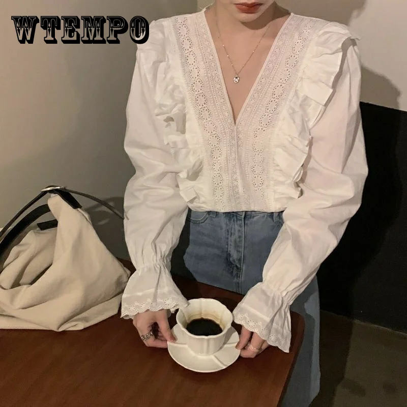 

WTEMPO Ruffled V-neck Loose White Long Sleeved Shirt French Style Summer Breathable Thin Women's Solid Color Versatile Top 2023