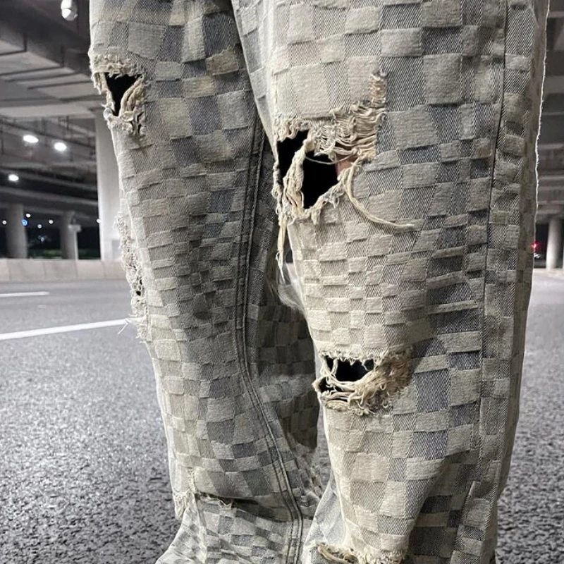 Fashion Plaid Denim Jeans Mens Destoryed Holes Zipper Jeans Pants Hip Hop Streetwear New Summer Casual Joggers Men Jeans Pants