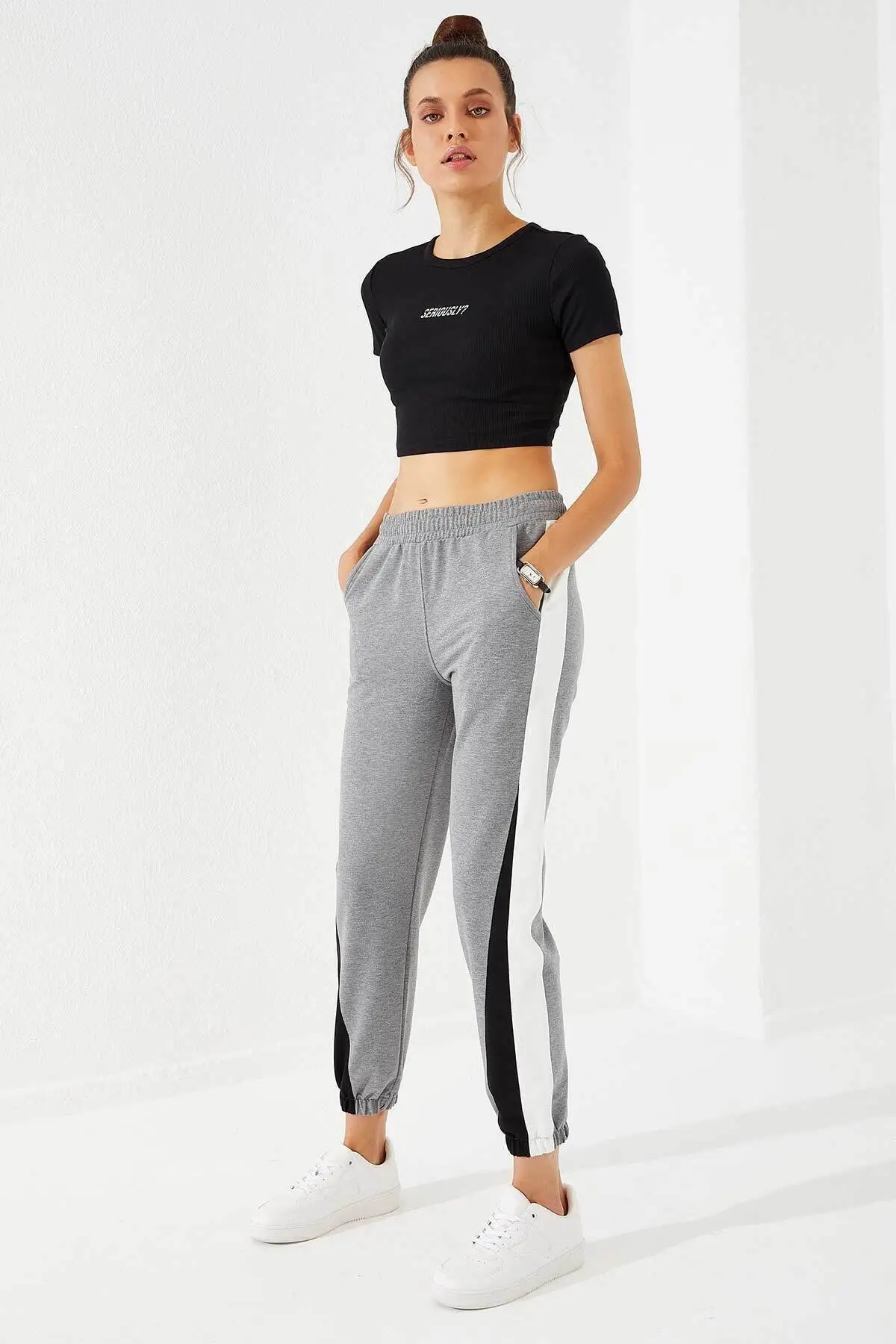 Women's Two Color Garnish Gray Melange Elastic Leg Tracksuit Bottom Casual Wear Sport Women Pants Casual Cotton Outfits