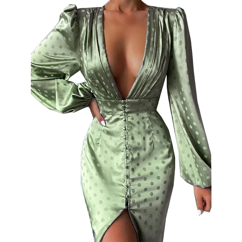 

Женское элегантное платье в горошек, облегающее зеленое платье миди с длинным рукавом, глубоким V-образным вырезом, пуговицами и разрезом, в...