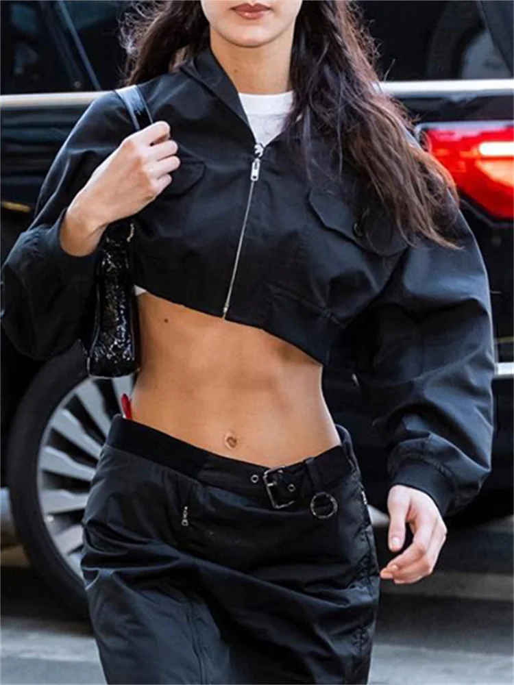 

Sunny Y.j. Streetwear Casual Hooded Crop Jackets Long Sleeves Harajuku Chic Fashion Clothing for Women Black Zip Up 2000s Top