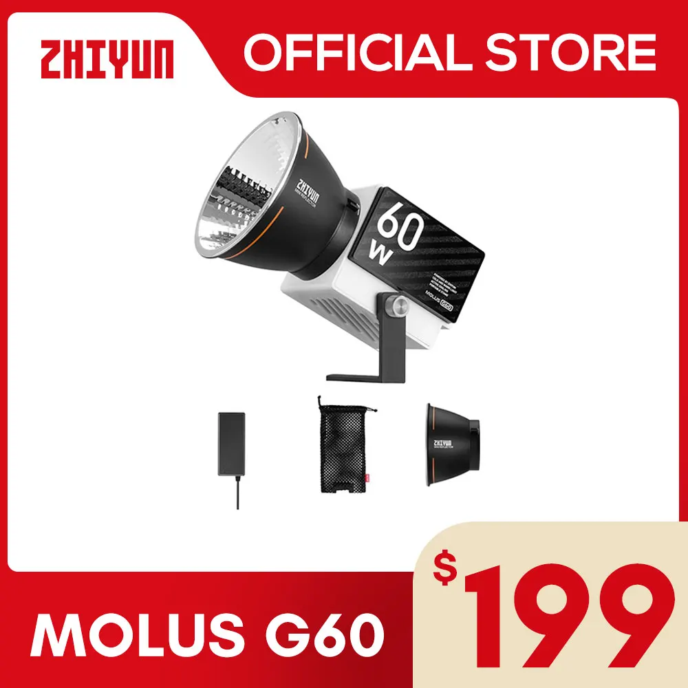 

ZHIYUN Official MOLUS G60 COB LED Light 60W Outdoor Photo/Video Shooting Photography Lighting Handheld Portable Pocket Light