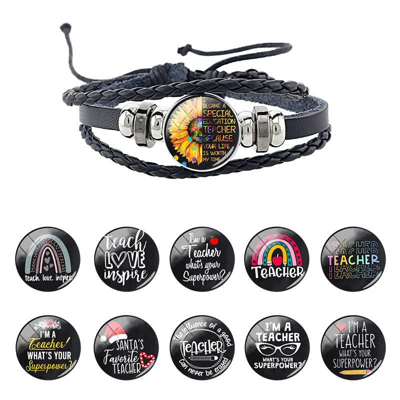 

JOINBEAUTY PU Leather Bracelet Words Glass Cabochon Dome Charm Multilayer Weave Cord Gifts Teacher Jewelry Newky Trendy FHW318