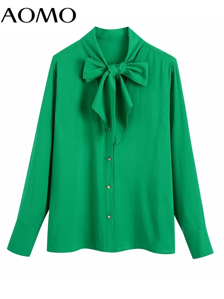 

AOMO Women Fashion with Bow Green Office Blouses Vintage Long Sleeve Button Female Shirts Blusas BE177A