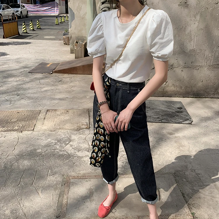 

Summer Shirts Women 2023 Korean Fashion Woman Clothes Tshirt O-neck Short Blouses Puff Sleeve Y2K Tops Tees Loose White T-Shirt