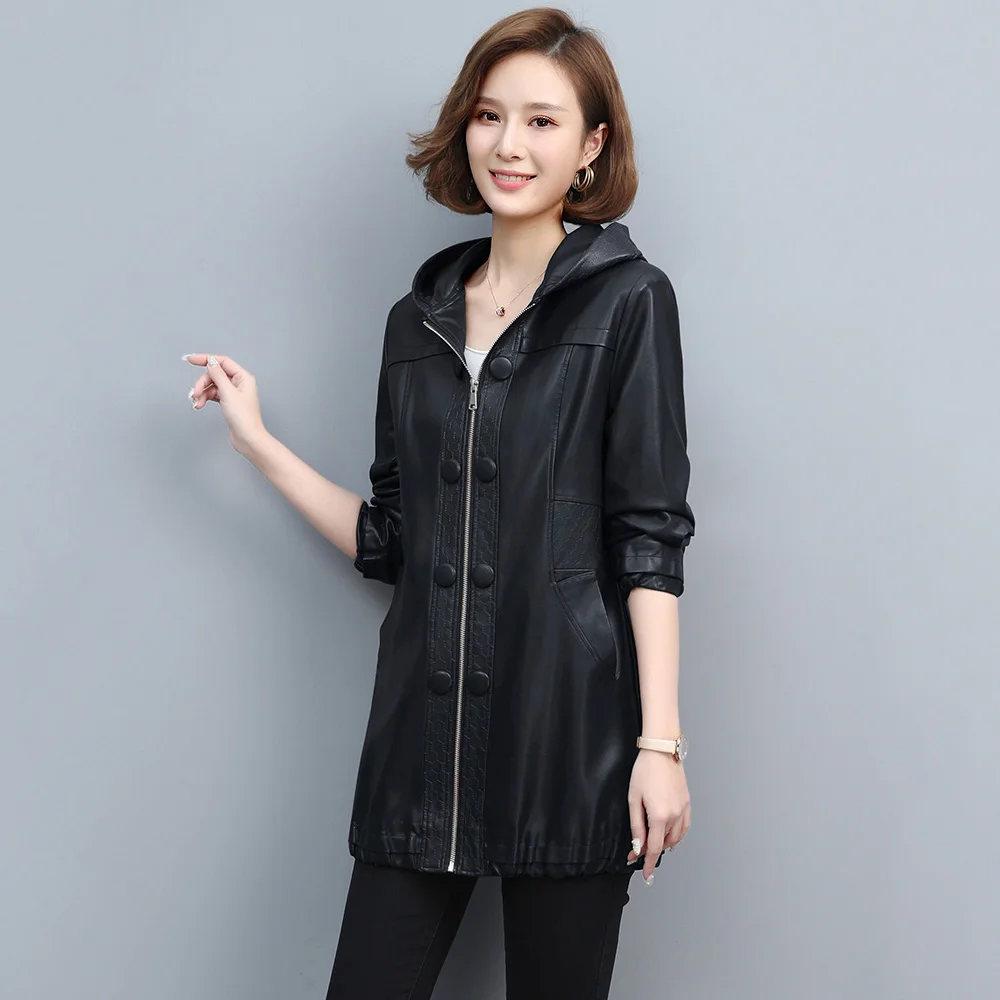 New Women Leather Coat Spring Autumn Casual Fashion Hooded Loose Medium Long Sheep Leather Outerwear Mother Jacket Female