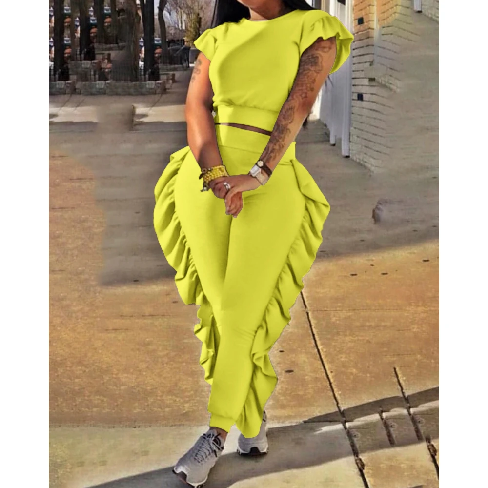 Women Solid Short Sleeve Crop Top & High Waist Butterfly Side Pencil Pants Set Femme Fashion Two-Piece Set Casual Party Outfits