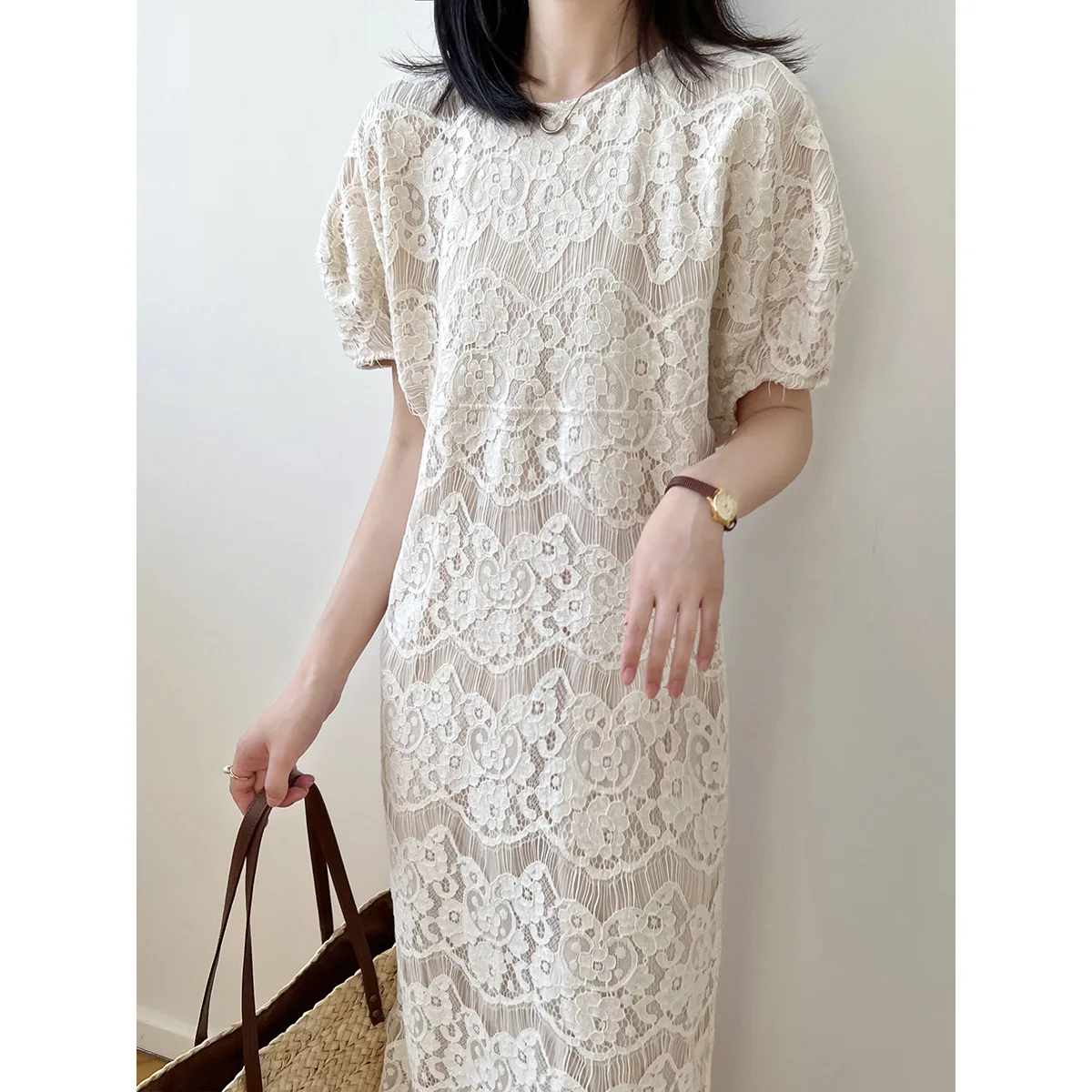 

2022 Lace Embroidery Dress White Loose Causal Elegant Korean Beige Short Sleeve Summer French Midi Party Dress Women Clothing