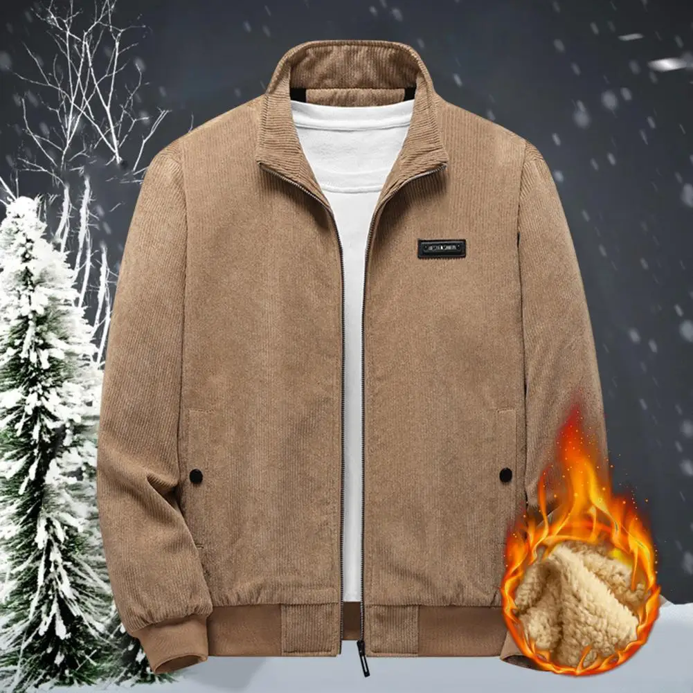 

Stand Collar Long Sleeves Zipper Closure Pockets Winter Jacket Male Business Casual Fleece Lining Solid Corduroy Jacket Coat