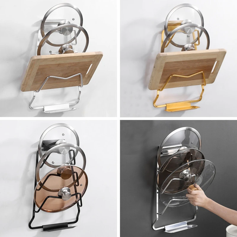 

Kitchen Tools Wall Mounted Pot Lid Rack Stand Aluminum Pan Cover Holder Cutting Board Storage Shelf Punch-free Drain Holder