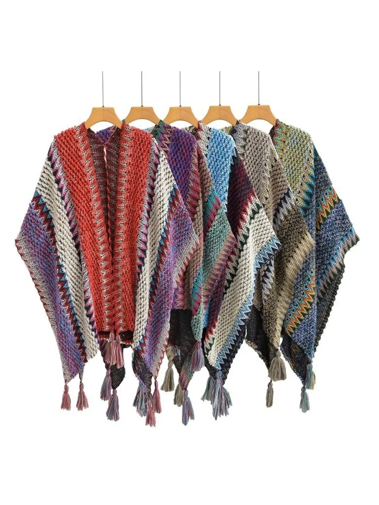 

Новинка 2023, женская зимняя шаль-пончо в этническом стиле TRAF, женская модная Длинная вязаная теплая накидка-шарф с кисточками